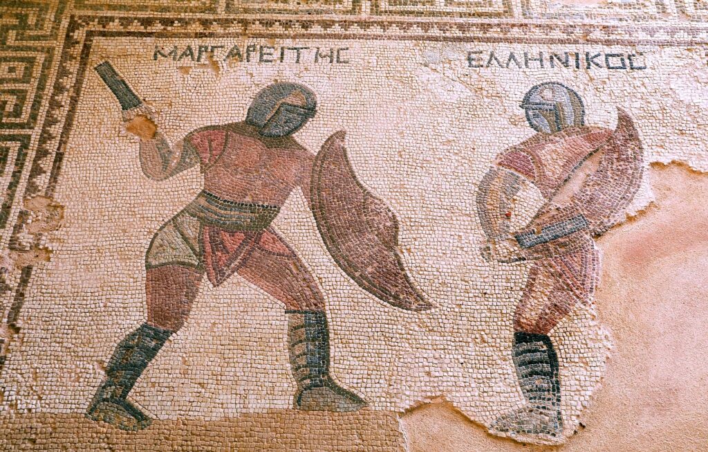 Combat de Gladiateurs – Maison des gladiateurs – époque romaine 3e siècle EC – Kourion – Chypre