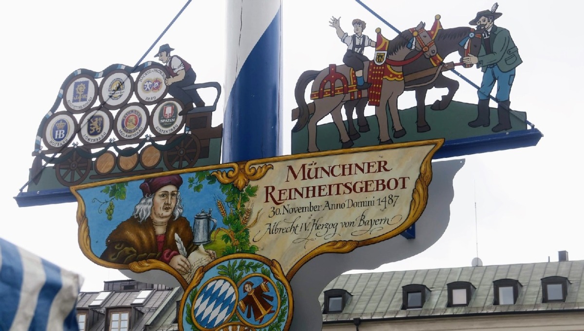 Maibaum (arbre de mai) au centre de la place des victuailles- Viktualienmarkt – Munich – Bavière -Allemagne