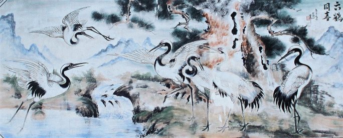 Peinture murale de grues à Dali (大理), province du Yunnan (Chine).